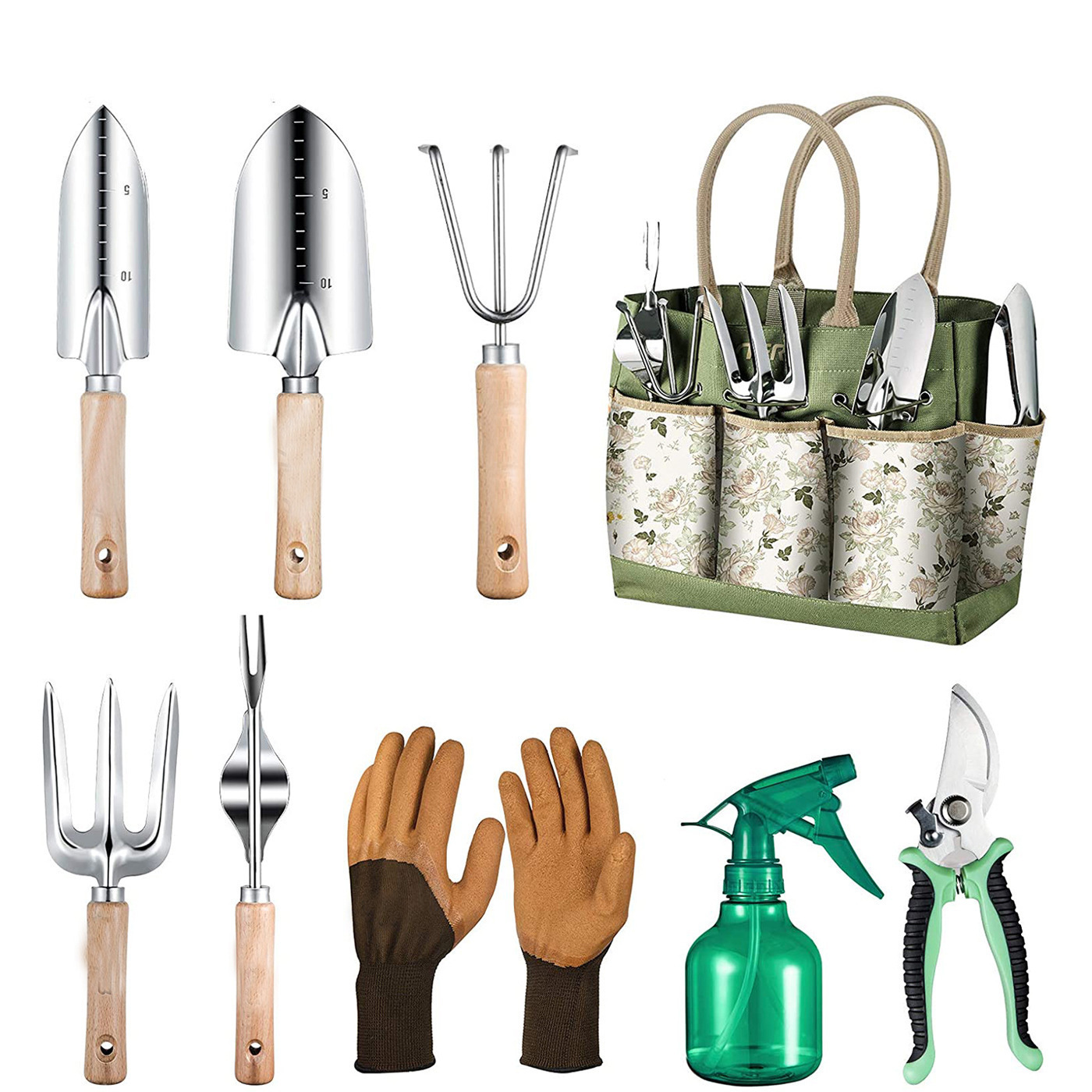 Gardening Tools Bag - ชุดเครื่องมือทำสวน 9 ชิ้น พร้อมชุดเครื่องมือช่างสแตนเลสแบบหนาพิเศษ กระเป๋าเก็บของทนทาน ถุงมือยางกันลื่นสำหรับผู้หญิง