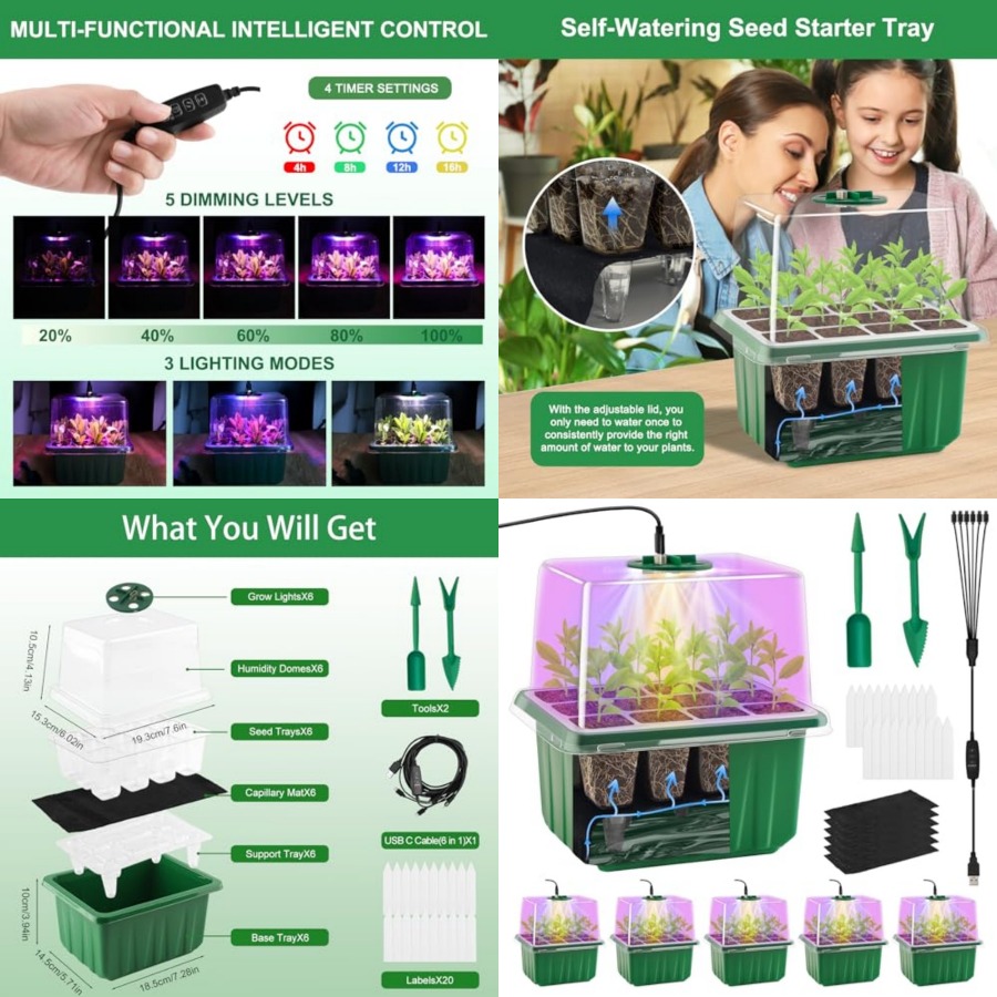Greenhouse Mini Indoor - ถาดเพาะเมล็ดพร้อมไฟ 6 ชุด ชุดเริ่มต้นปลูกต้นกล้าพร้อมโดมควบคุมความชื้น ฐานรองในร่ม โรงเรือนขนาดเล็ก