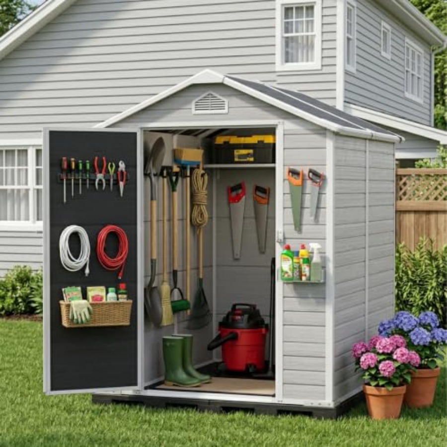 โรงเก็บของกลางแจ้งทำจากเรซิน พ - Gardening Tools Kit บทวิจารณ์และราคา